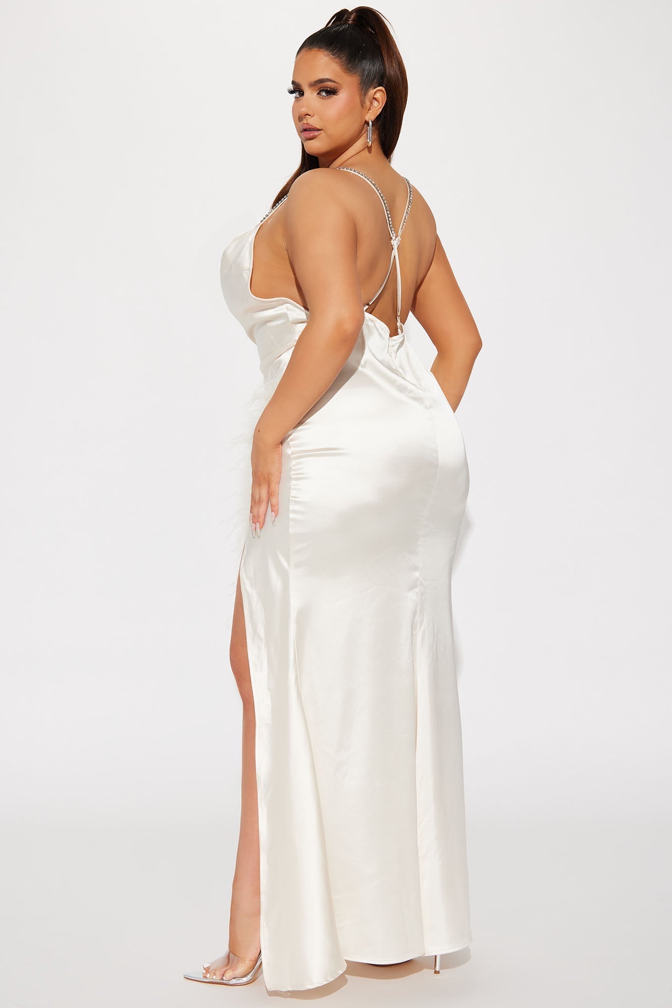 Isabella Satin Dress with Feather Finishes - Cream