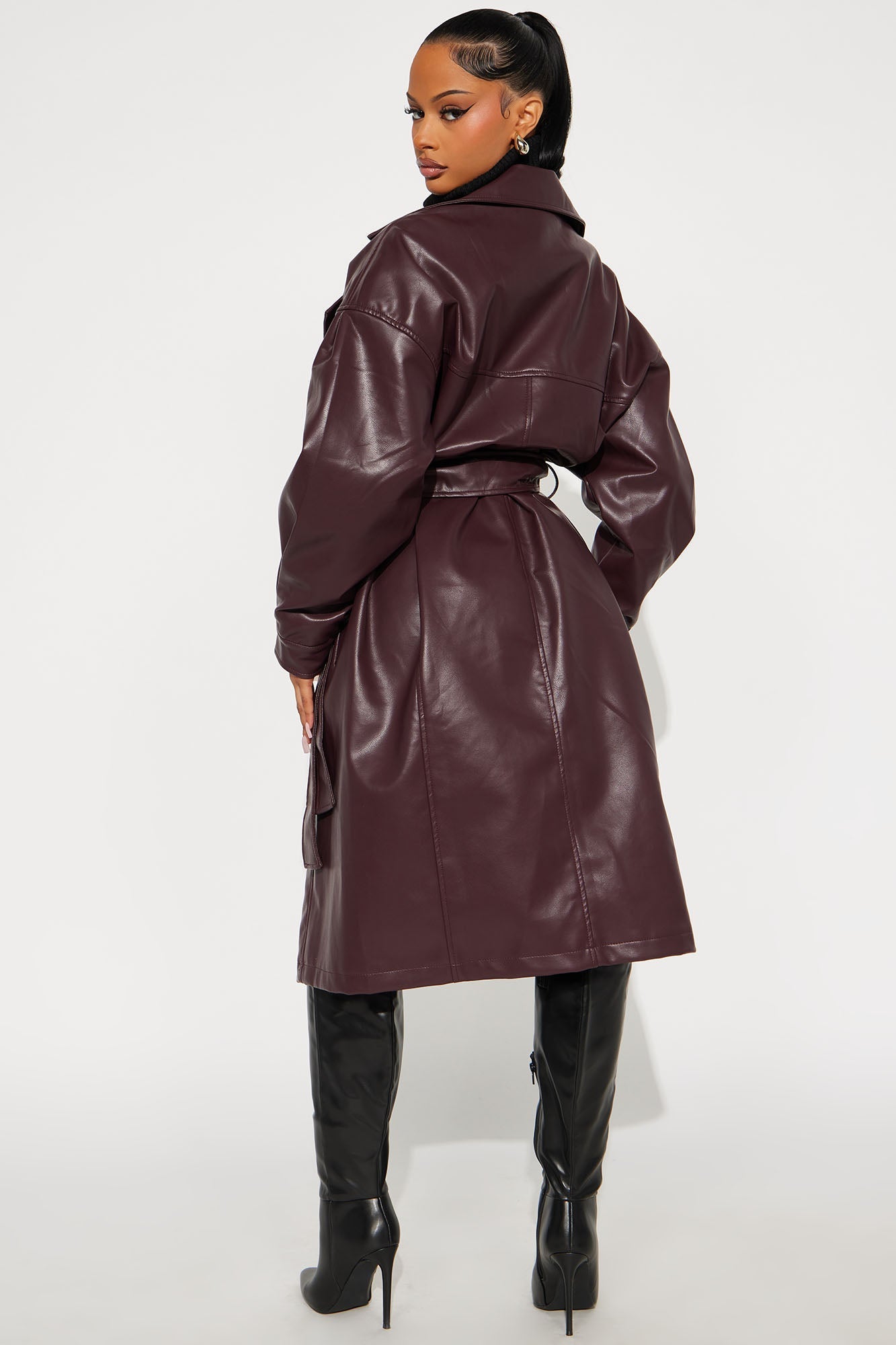 Celestial Faux Leather Trench - Burgundy