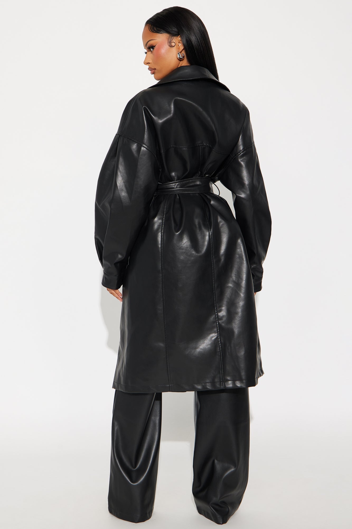 Celeste - Black Faux Leather Trench Coat