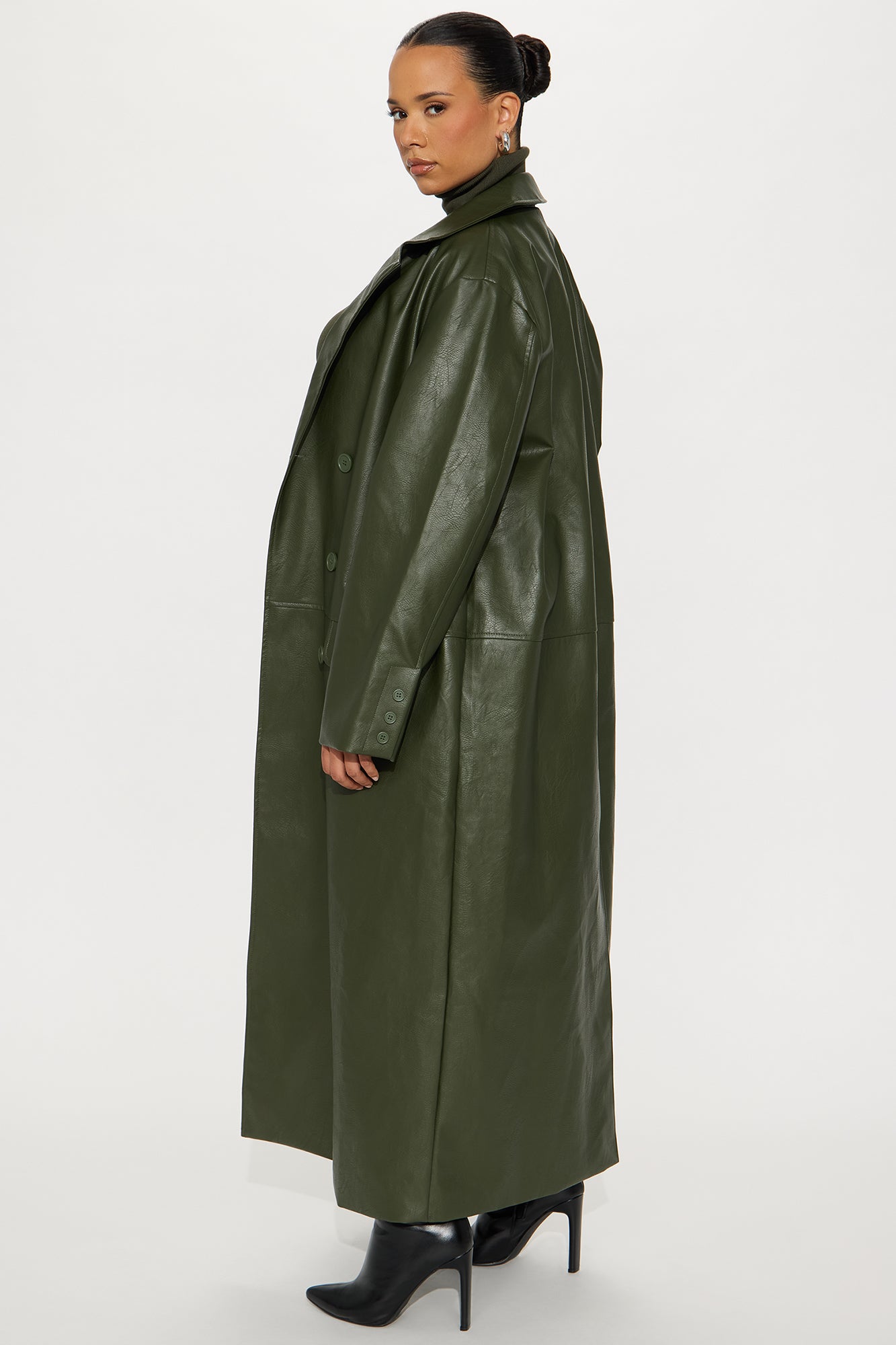 Drew Double-Breasted Faux Leather Coat - Military Green