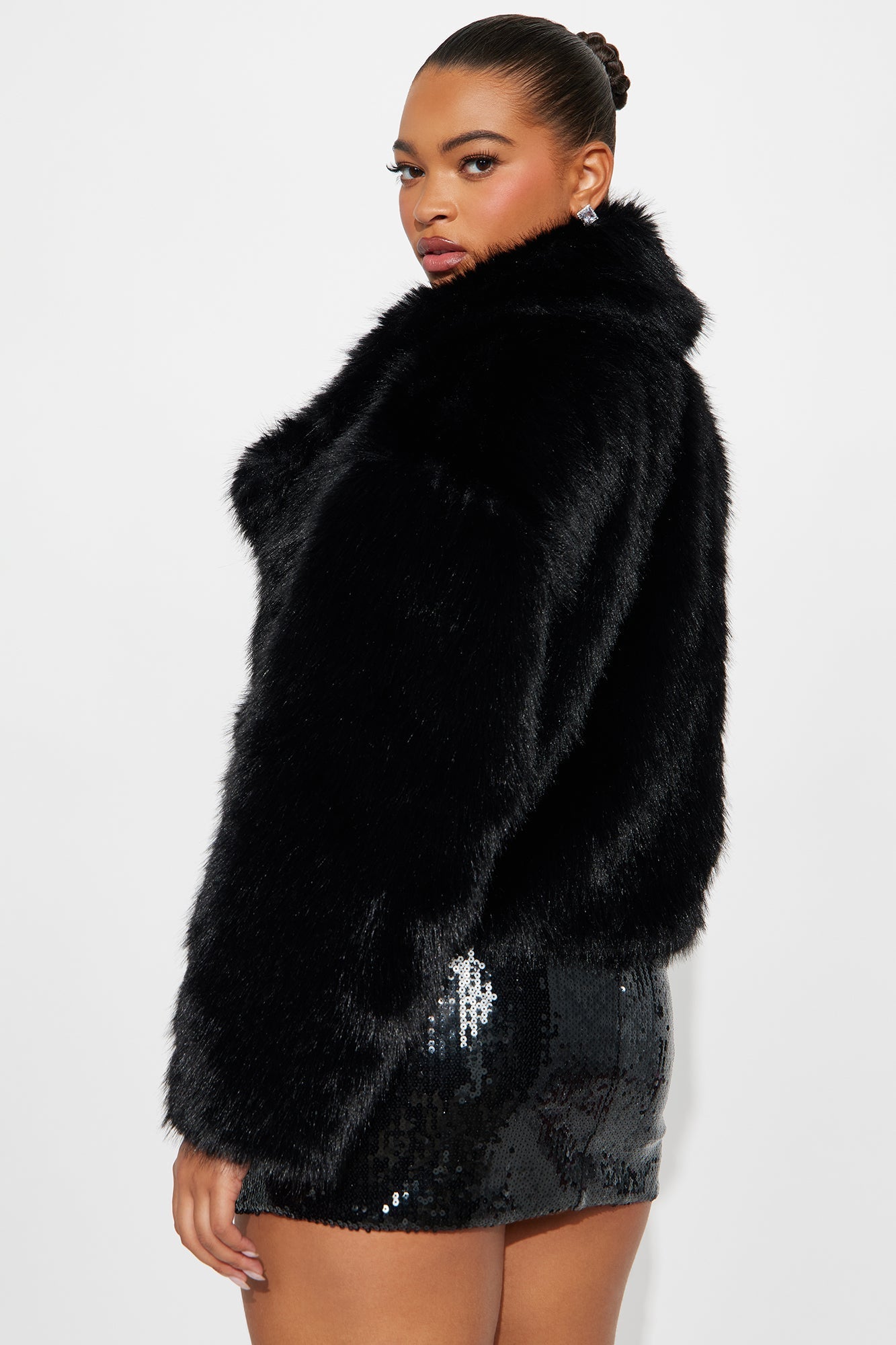 Short Synthetic Fur Coat - Black