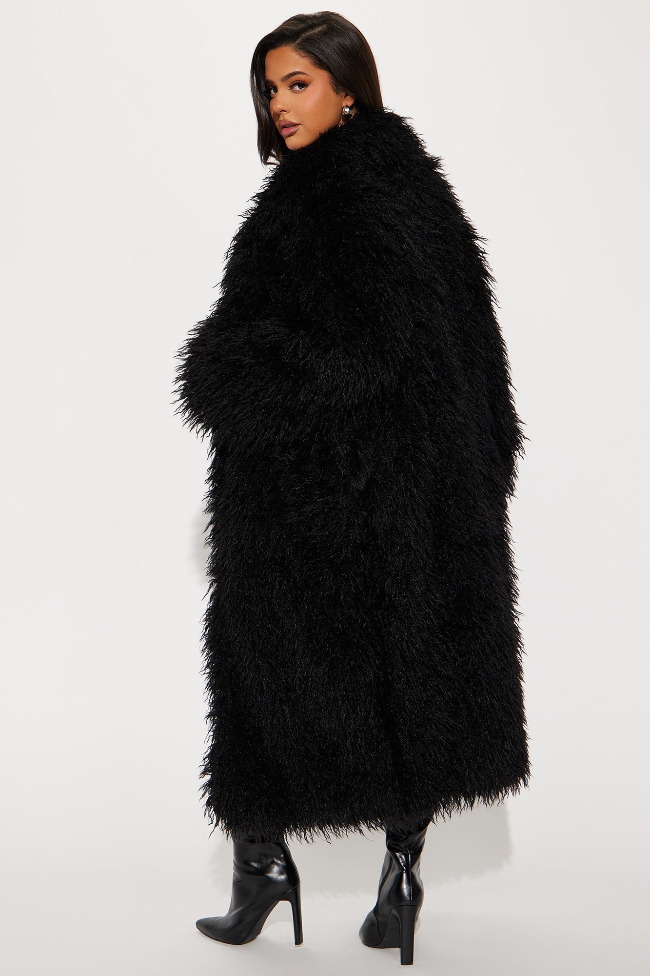 Synthetic Fur Trench Coat - Black