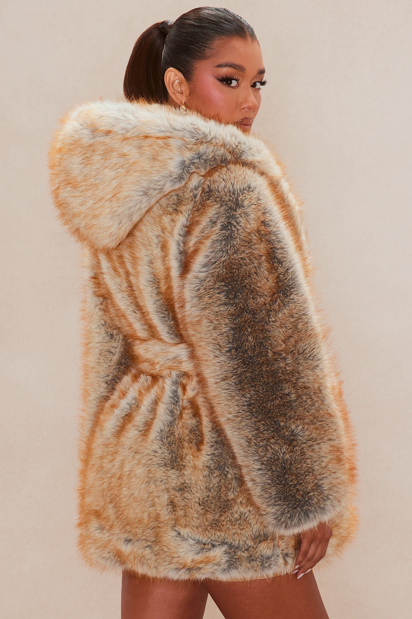 Raven Faux Fur Jacket with Belt - Camel/Combo