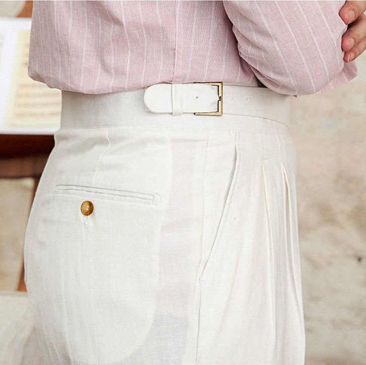 Straight Trousers with Double Pleats in Napolitana Linen Blend