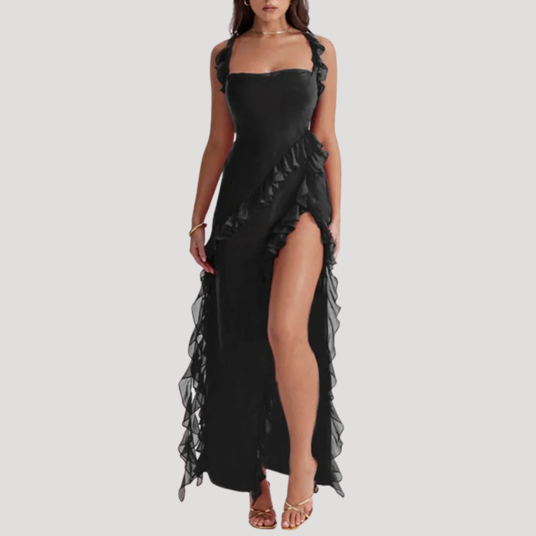 Ruffle Maxi Dress with High Slit for Elegant Evenings