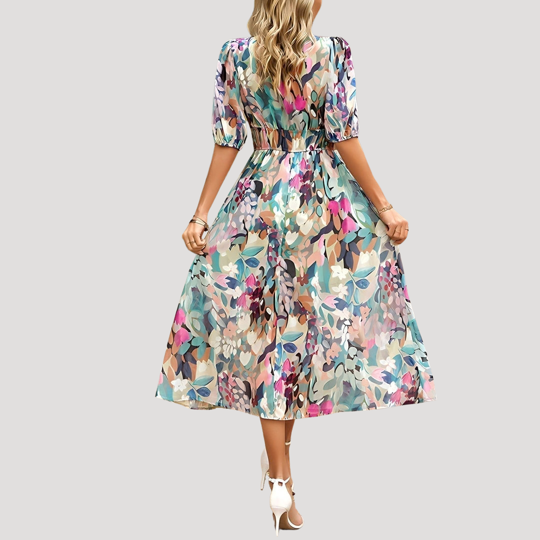 Flowy Printed Puff Sleeve Midi Dress