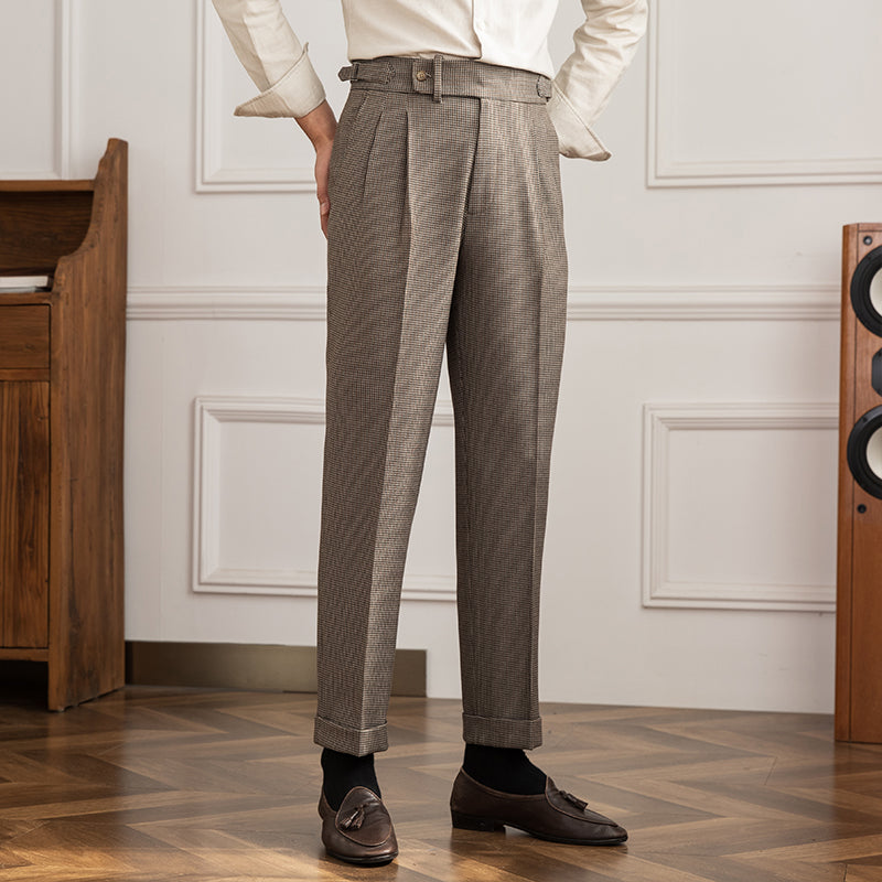 Cambridge Houndstooth Straight Pleated Trousers