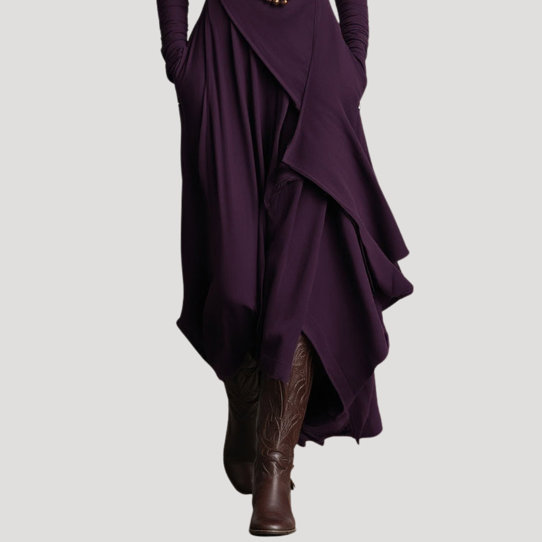 Modest Long Sleeve Turtleneck Asymmetrical Maxi Dress
