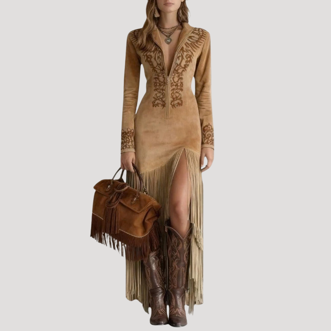 Embroidered Fringe Maxi Occasion Dress