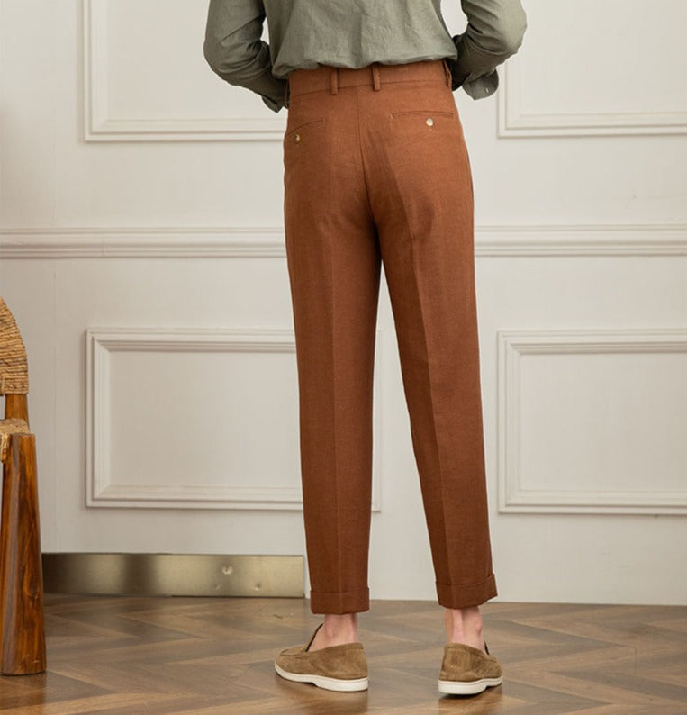 Straight Trousers with Double Pleat in Linen Blend