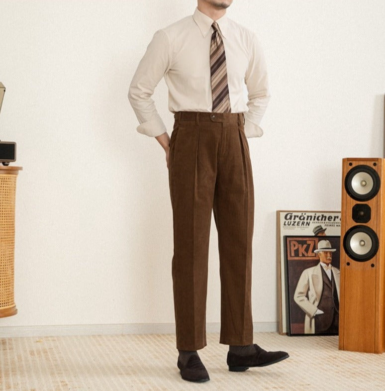 Aspen Cotton Corduroy Straight Pleated Trousers