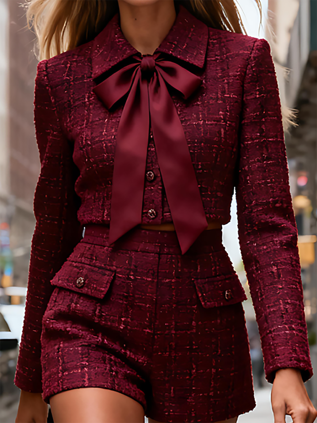 Mayra - Chic Tweed Cropped Jacket and Shorts Set with Bow Tie