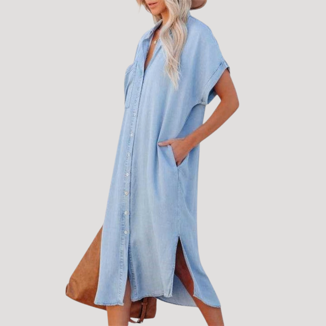 Denim Short Sleeve Midi Shirt Dress with Relaxed Fit