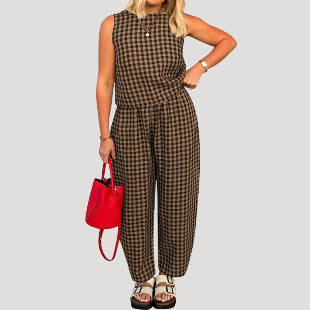 Women’s Gingham Two-Piece Wide-Leg Co-Ord Set