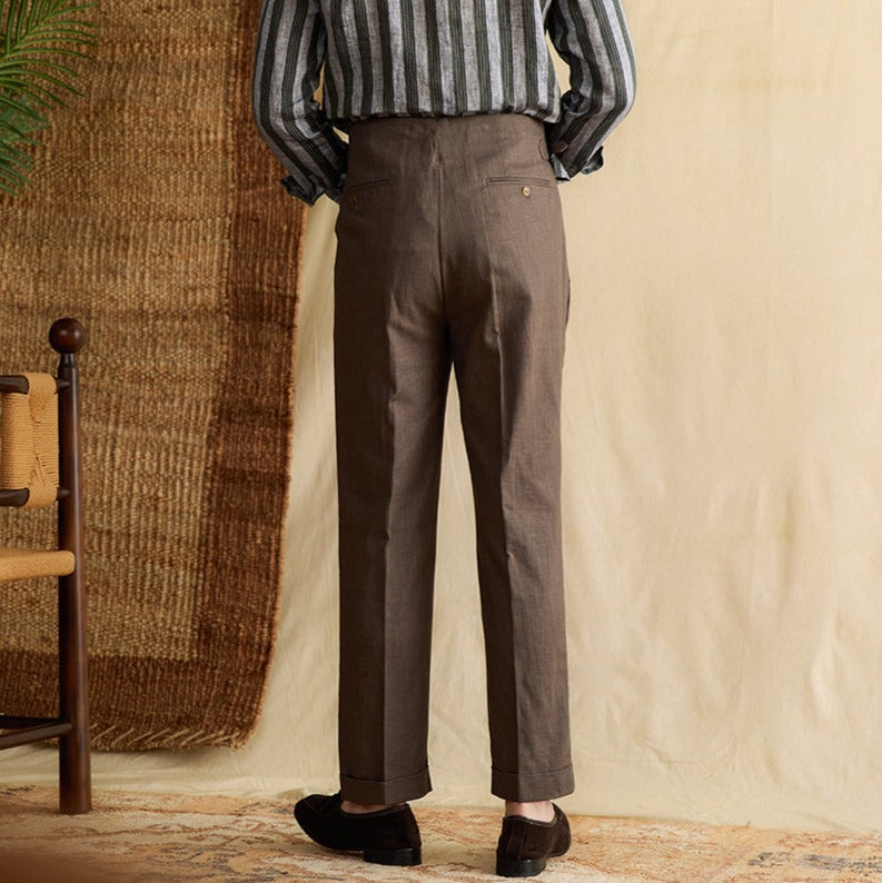 Semplice Trousers in Linen Blend with Double Pleat and Straight Cut