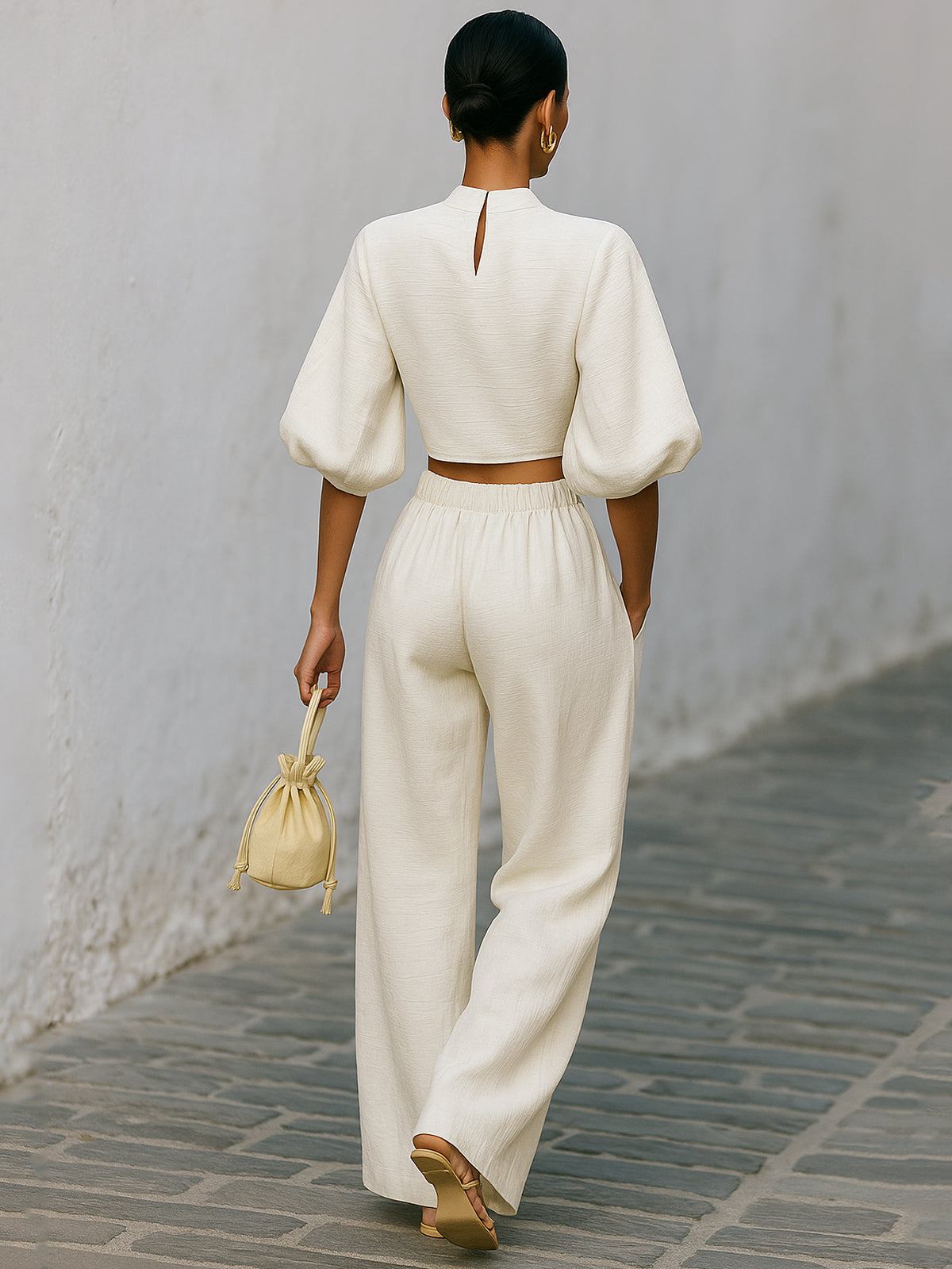 Glowy - Textured Creamy White Lantern Sleeve Set