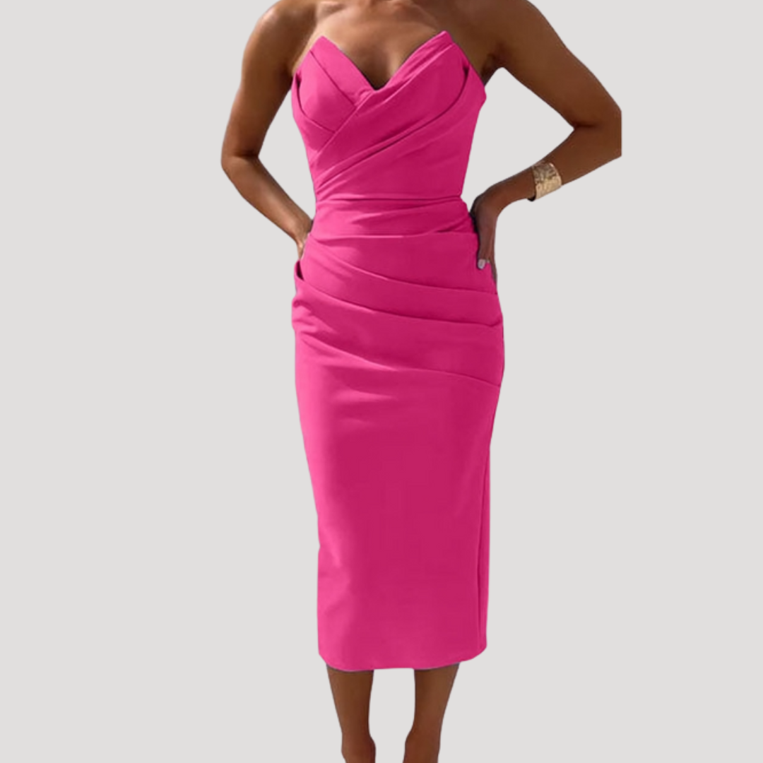 Ruched Strapless Bodycon Midi Dress for Evening Parties
