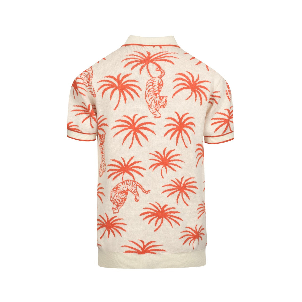 White Cotton V-Neck Jacquard Knit Polo for Men with Palm and Tiger Pattern