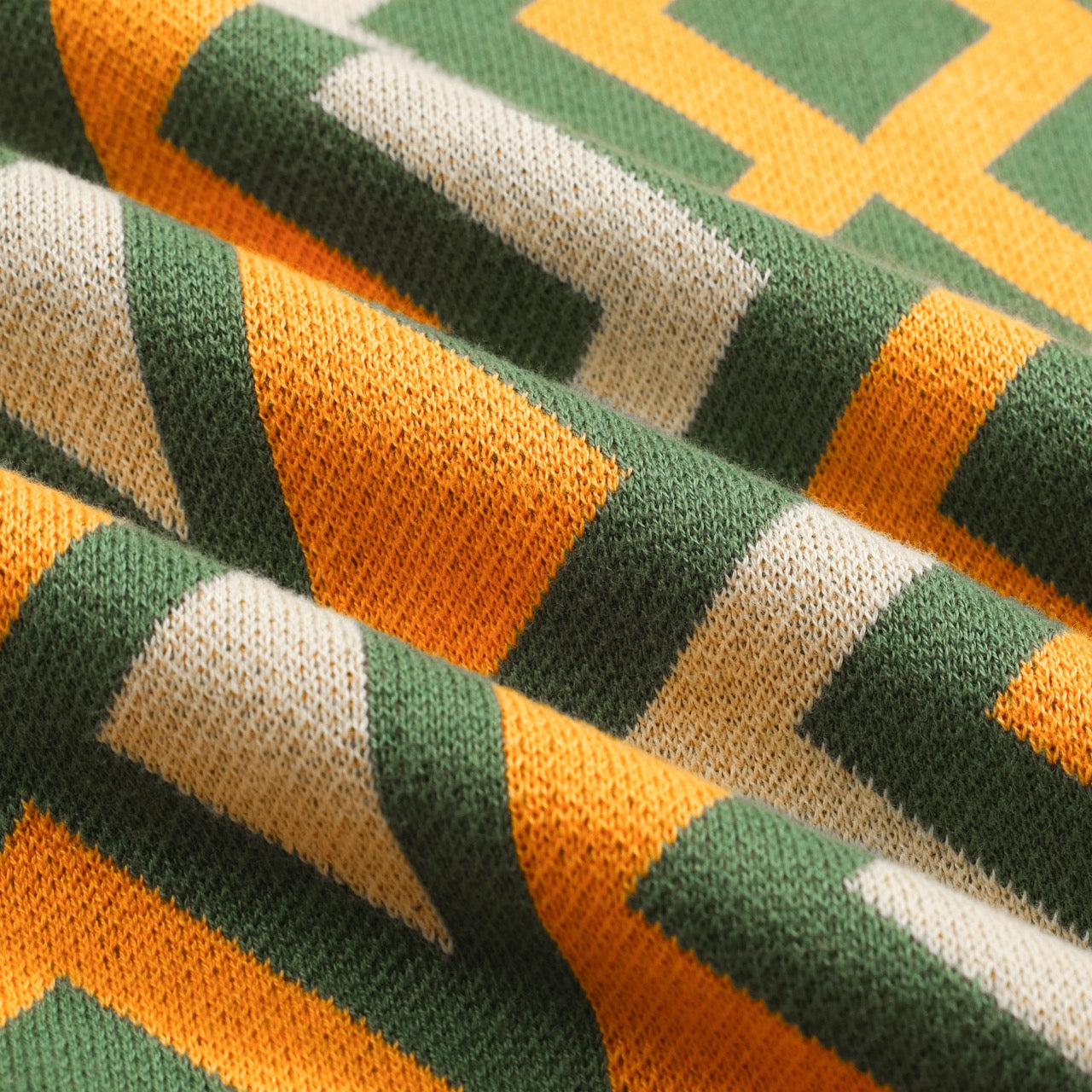 Vintage knitted V-neck polo for men in green jacquard