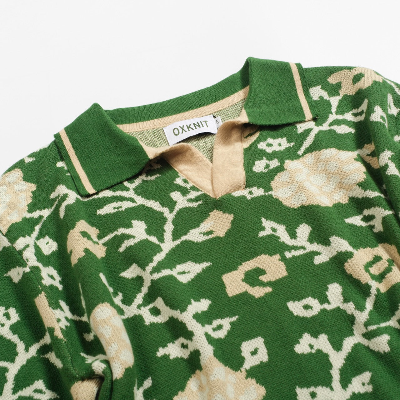 Men's Green Floral Jacquard V-Neck Knitted Polo