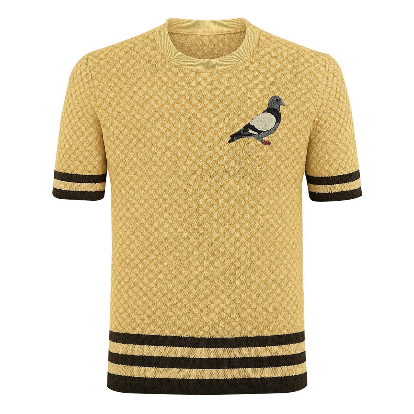 Vintage yellow knitted T-shirt for men with jacquard embroidery