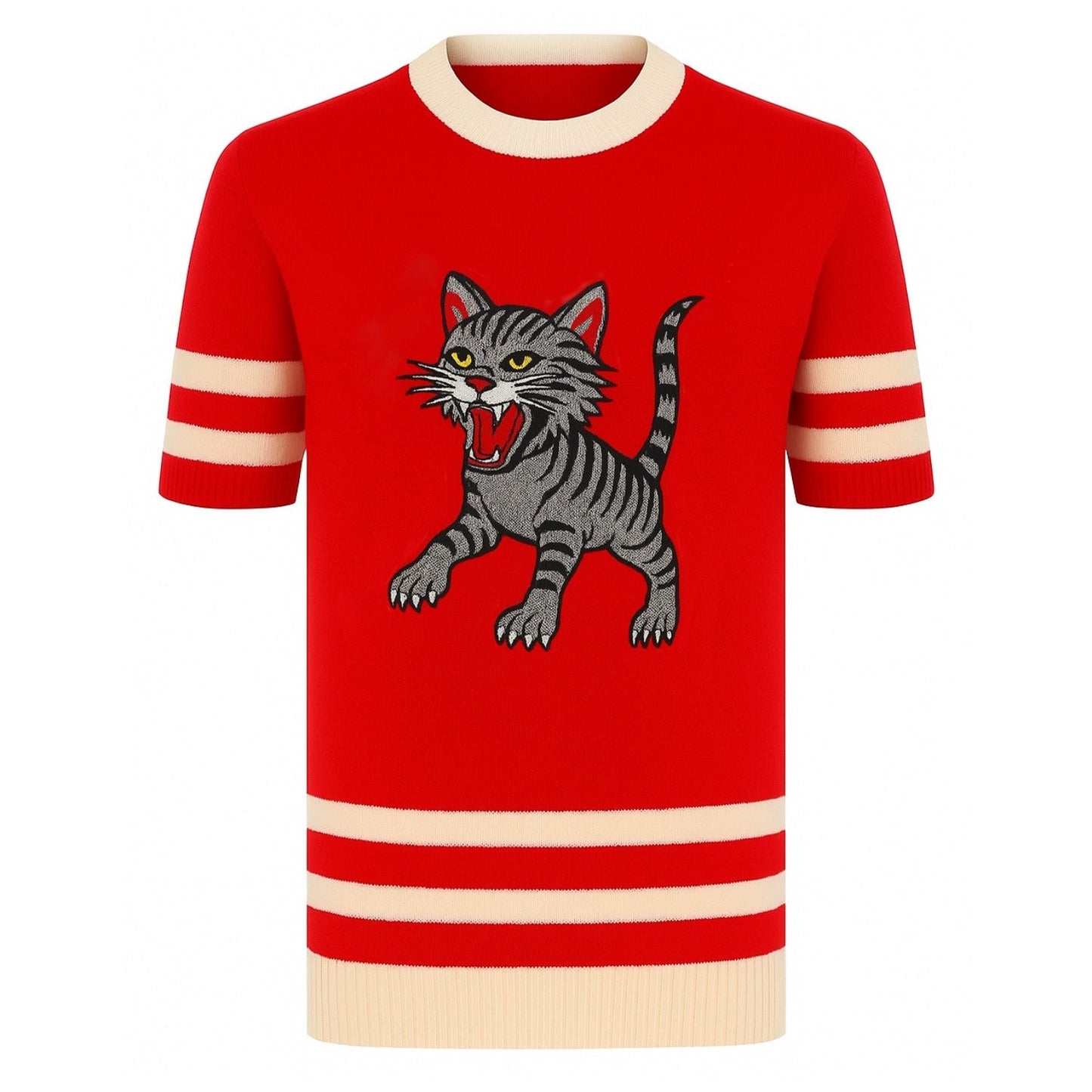 Red knitted T-shirt for men with cat embroidery