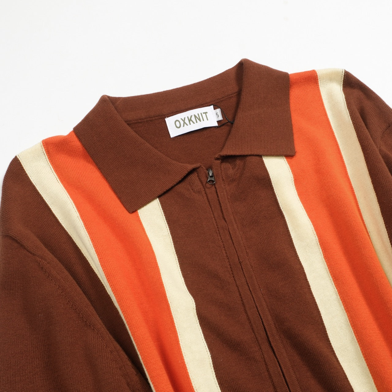 Vintage knitted zip-up cardigan for men, brown striped