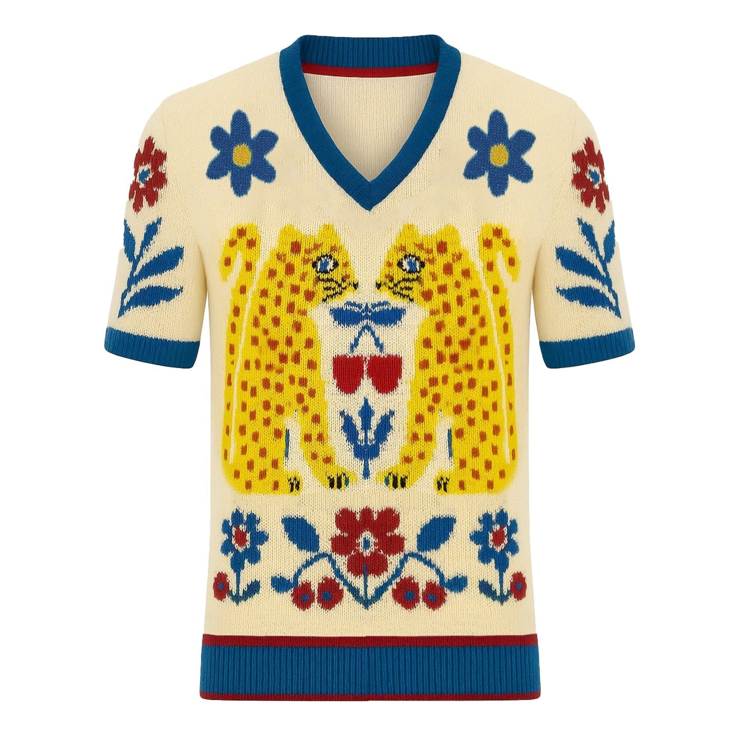 Vintage jacquard animal print apricot knitted T-shirt for men