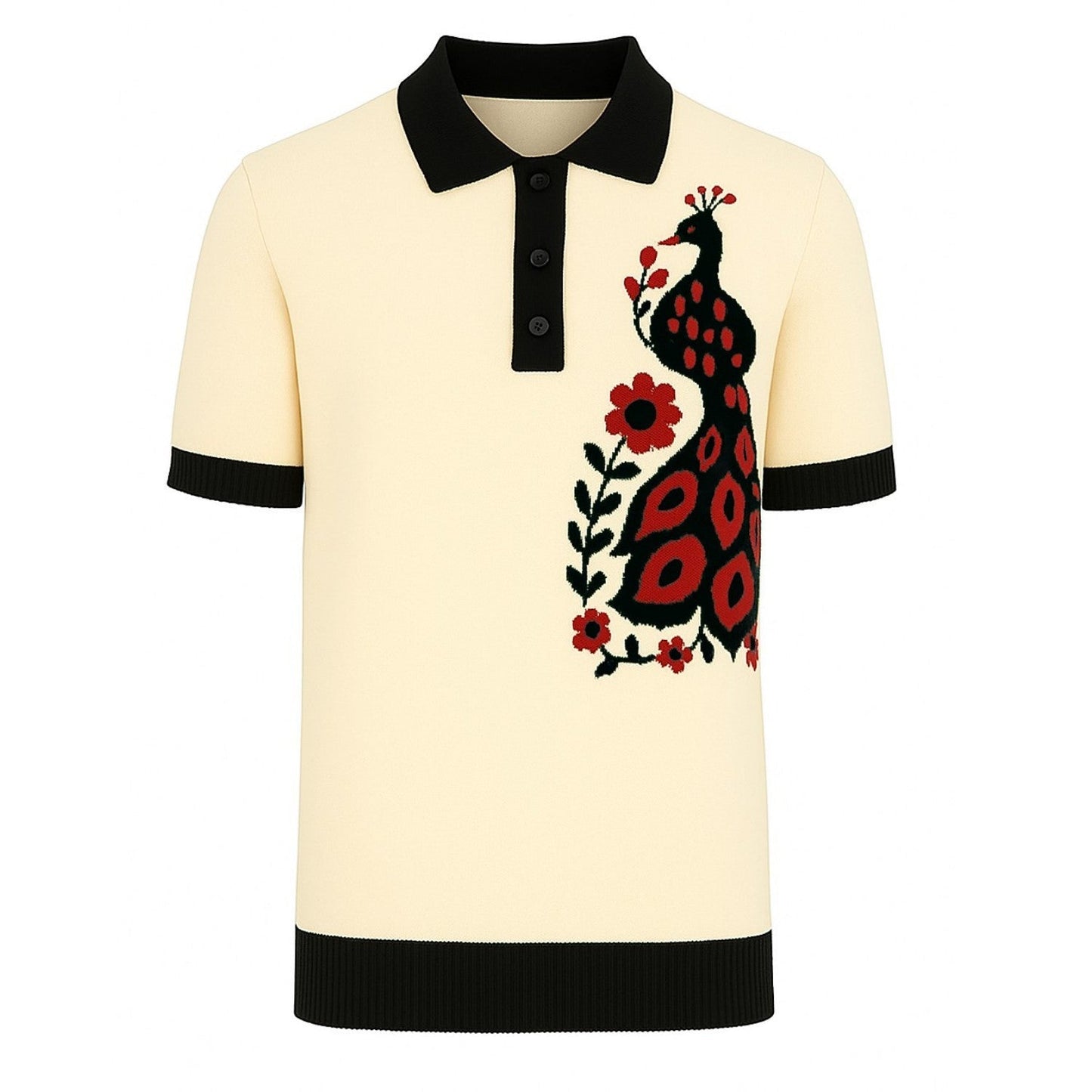 Men's Jacquard Knitted Polo in Apricot with Animal Pattern