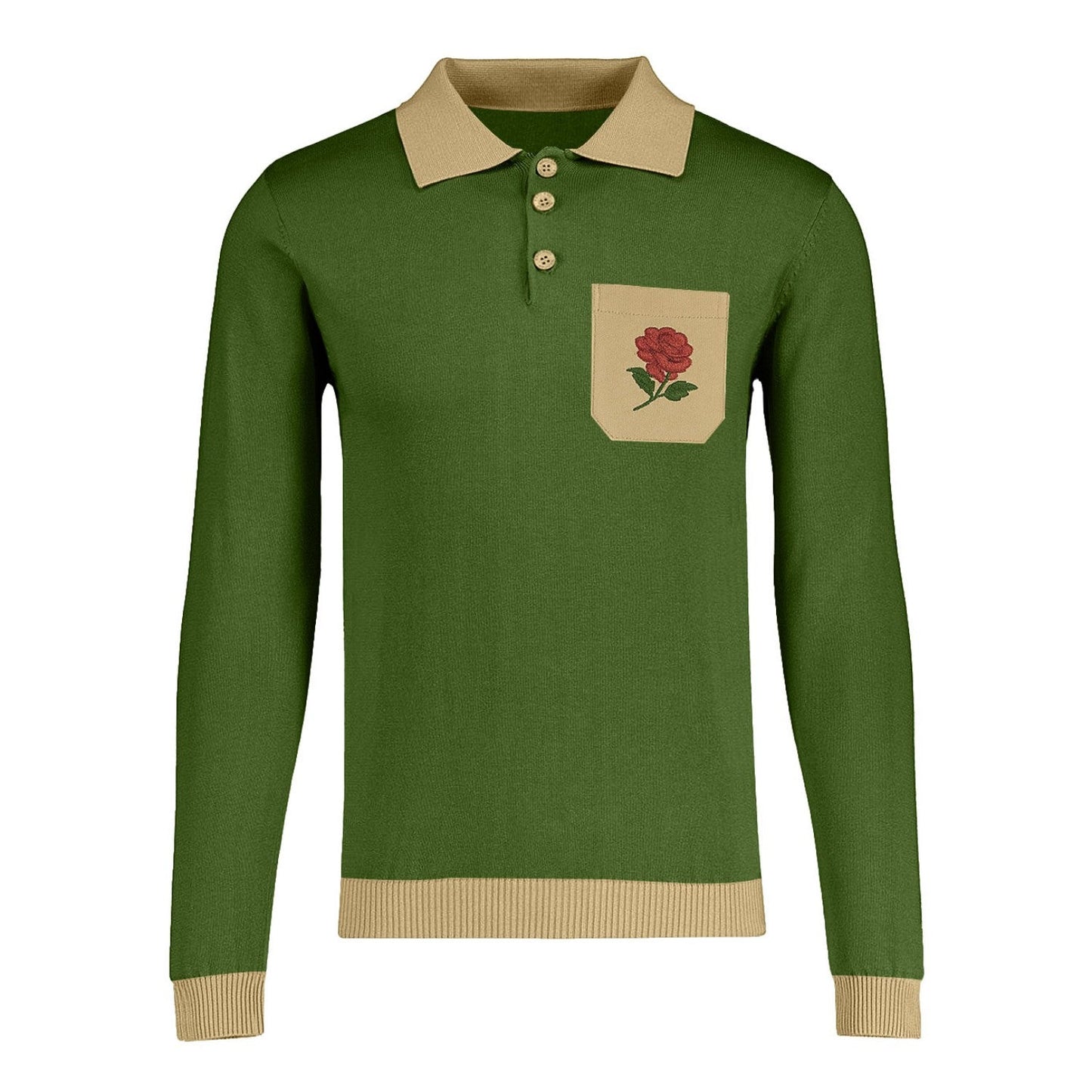 Vintage green polo for men with embroidered rose