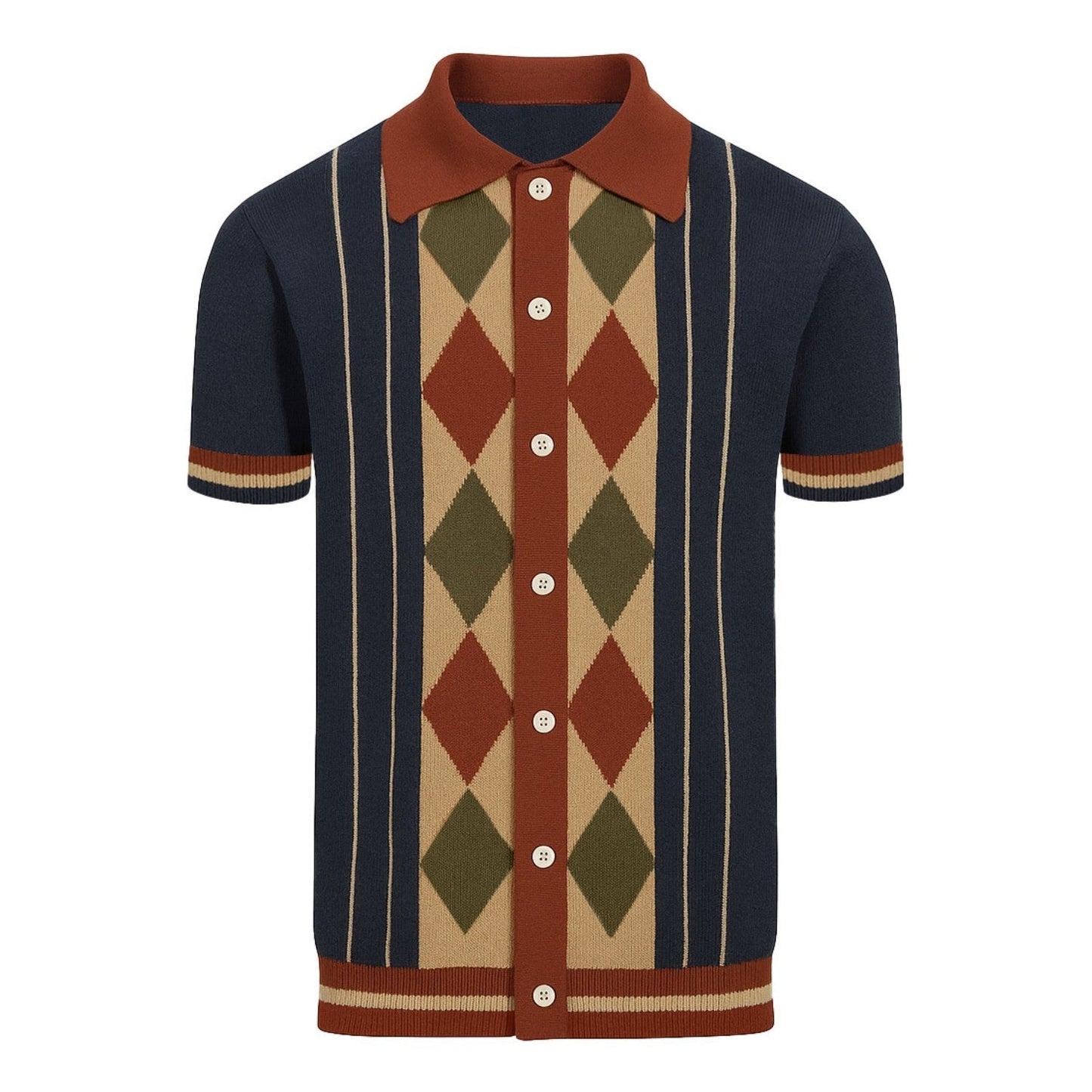 Vintage navy blue striped and diamond check cardigan for men