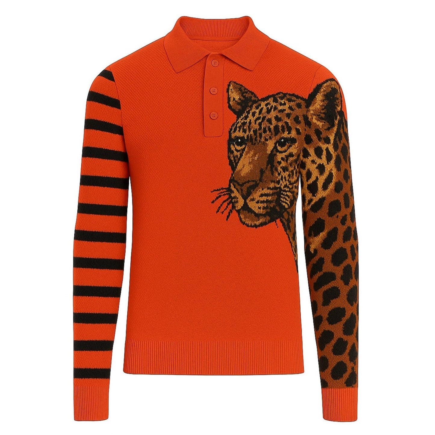 Men's Knitted Polo with Red Leopard Stripes