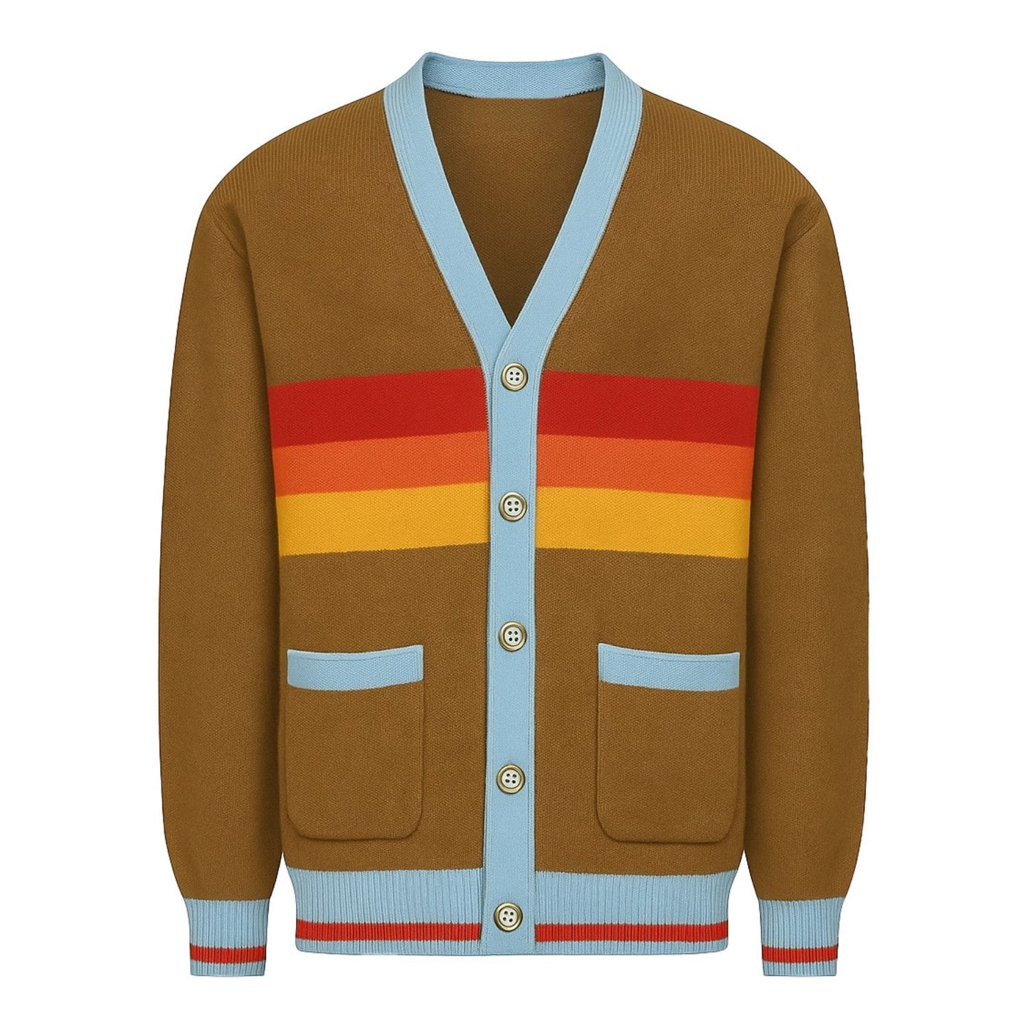 Vintage Khaki Striped Knitted Cardigan for Men