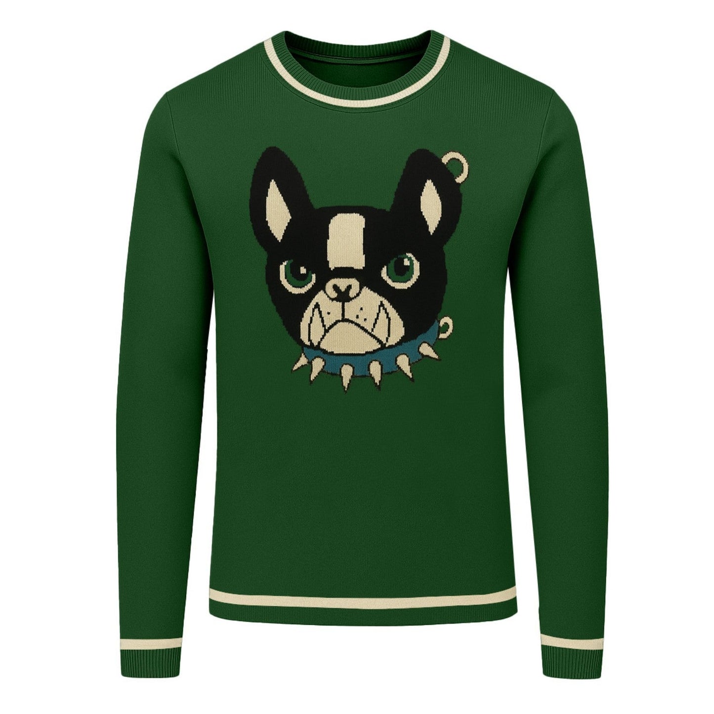 Green jacquard pullover for men with French bulldog