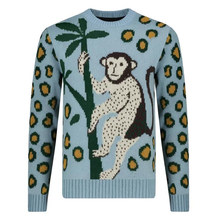 Blue leopard jacquard jumper with monkey pattern