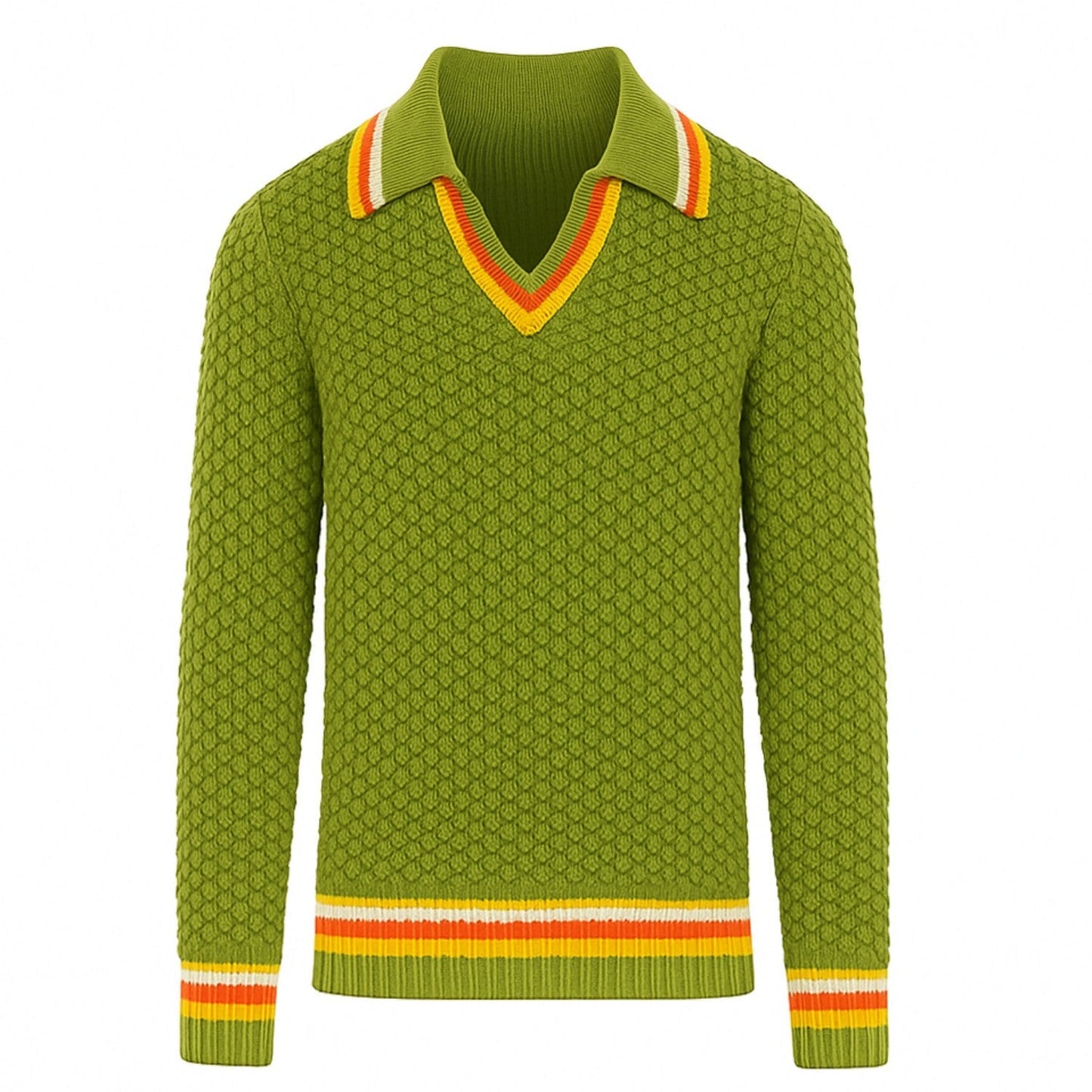Men's Green Striped Knit Polo with V-Neck