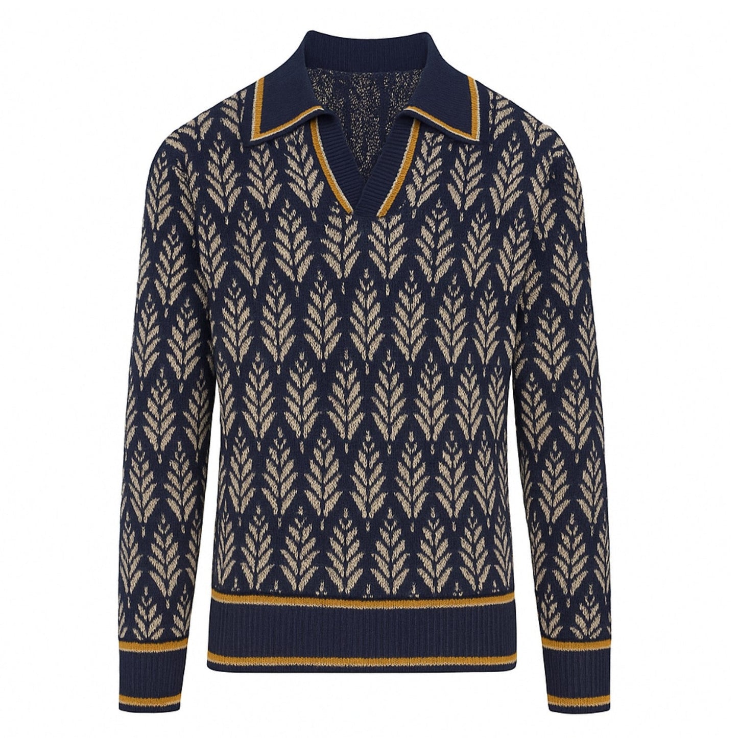 Navy V-Neck Jacquard Polo for Men from the 70s