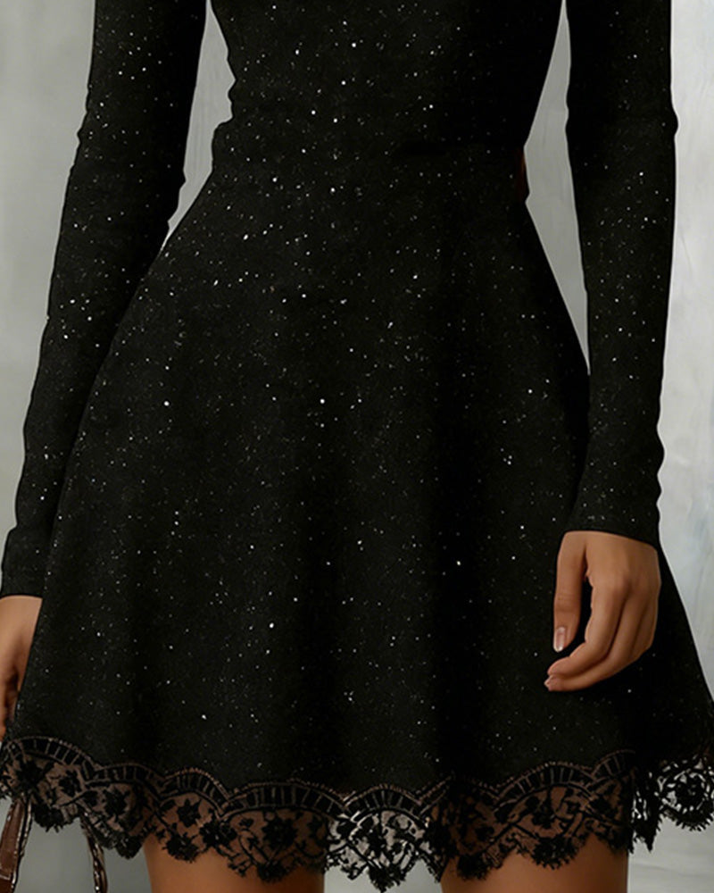 Shiny Lace Dress with Off-the-Shoulder Design
