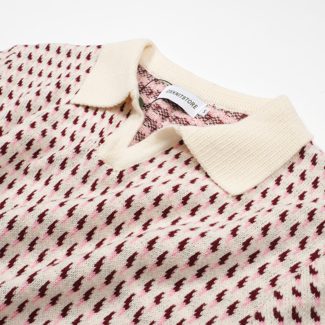 Cream Knitted Polo for Men from the 60s – Burgundy Micro Pattern Retro Style