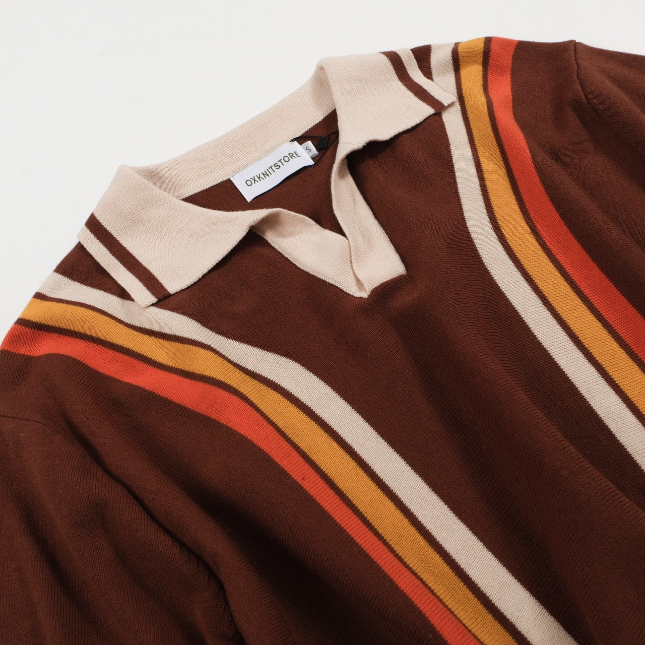 Retro Brown Knitted Polo for Men from the 70s – Striped V-Neck Sunset Colour