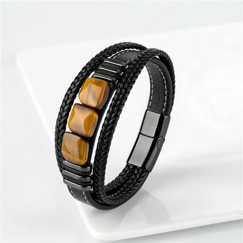 Tiger Eye Bracelet with 3 Stones for Men