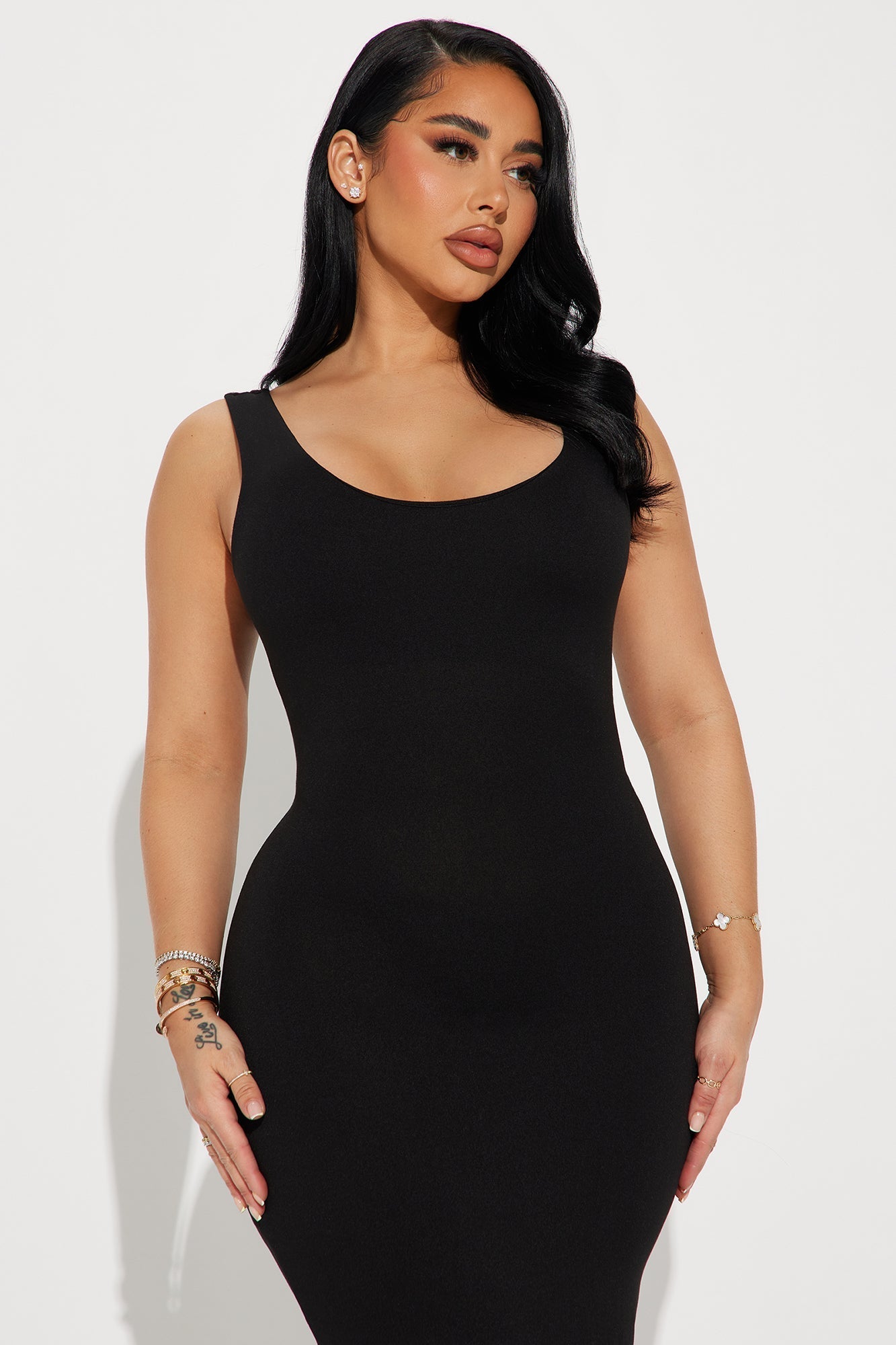 Midi Double Scoop Dress - Black