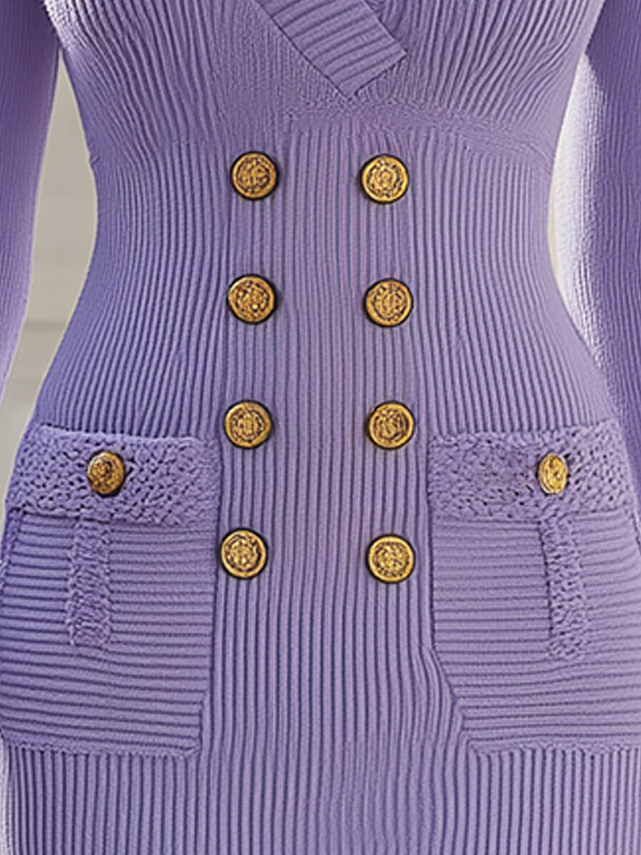 Tess - Elegant Lavender Knitted Double-Breasted Dress
