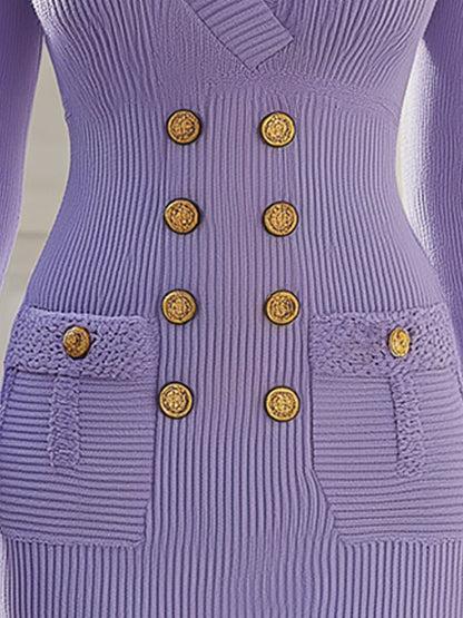 Tess - Elegant Lavender Knitted Double-Breasted Dress