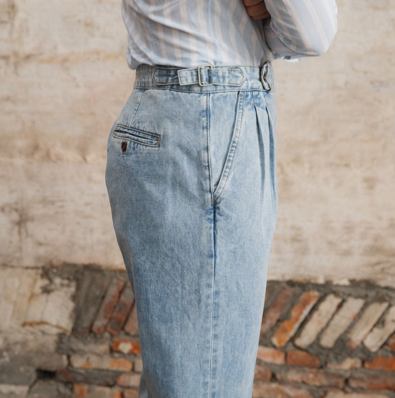 Straight Pleated Cotton Denim Trousers "Barcelona"