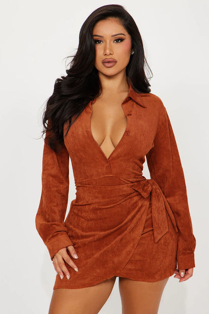 Worked Mini Suede Dress - Rust