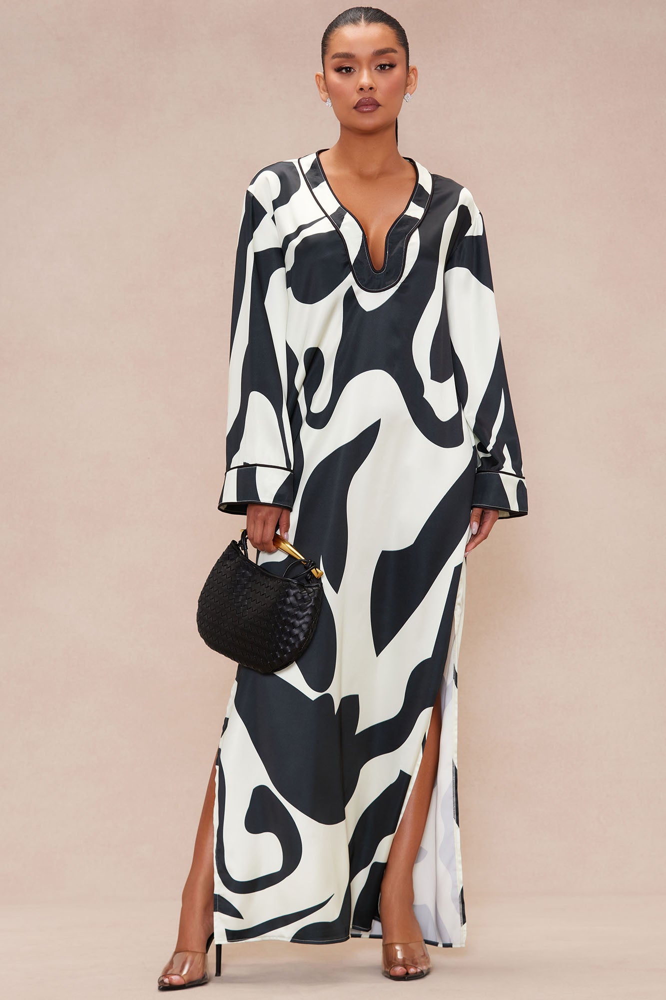 Valentina Satin Maxi Kaftan Dress - Black/White