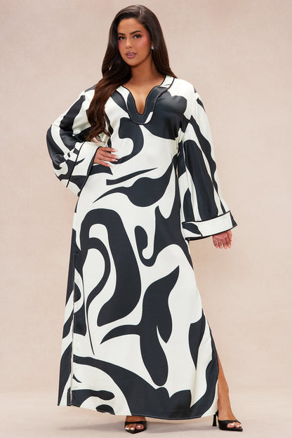 Valentina Satin Maxi Kaftan Dress - Black/White