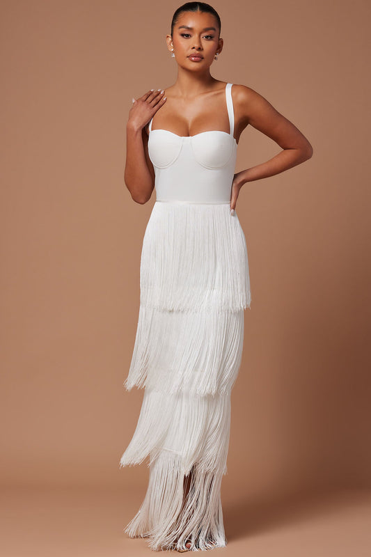Faye Fringe Bandage Maxi Dress - White