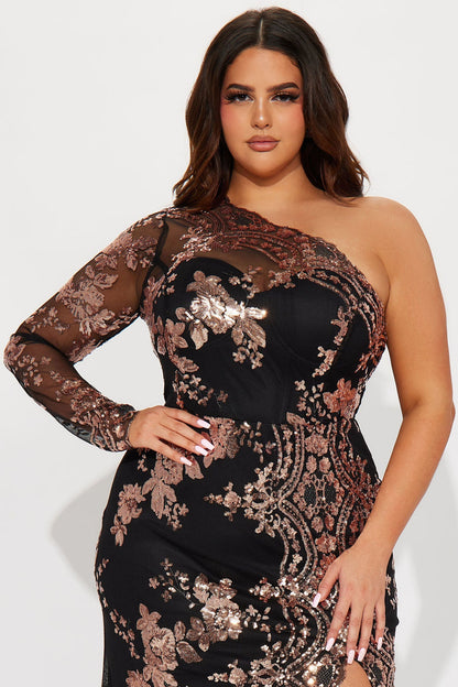 All Nighter Long Sleeve Sequin Dress - Black/Rose Gold